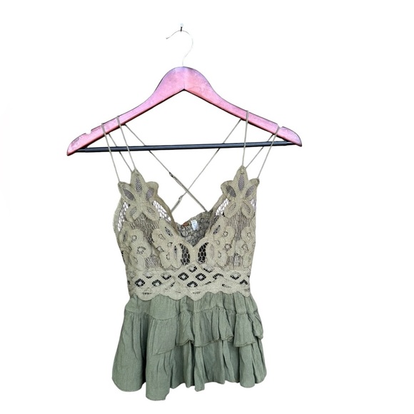 Free People Womens medium olive green Adella lace cross strap Cami XS Fairy Boho - Picture 3 of 7